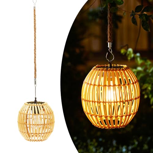 Livinlarge Hanging Solar Lantern Outdoor Waterproof, Large Solar Rattan Lantern Outdoor with Twine Handle, Bright Outdoors Hanging Lights with Edison Bulb for Garden Patio Yard Decoration