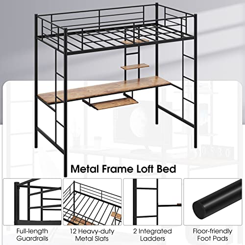 Giantex Twin Loft Bed With Desk And Bookcase, Metal Bunk Bed Frame W/ Guardrail & Bilateral Ladder For Kids Teens Adults, Space-Saving Loft Bed With Keyboard Tray, No Box Spring Needed, Black #TOP3