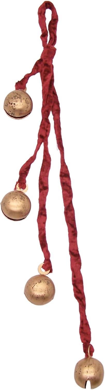 Gold Toned Bells on Red Velvet Rope, Unique Hanging Christmas Bells Decoration for Home & Office Decor, 24 Inches Tall, Metal and Velvet