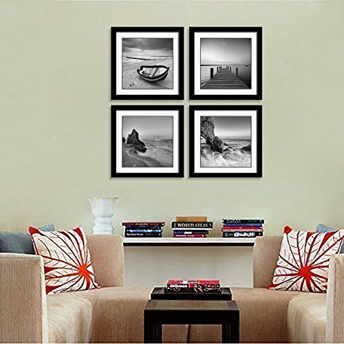 Black Framed Art Wall Decor - 4 Panels Beach Stone Boat Bridge Theme Landscape Sea Wall Art Canvas Prints Contemporary Black Frames Paintings For Home Decorations #TOP5