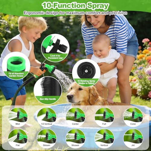 Image of Garden Hose 50ft, Non-Expanding Water Hose with 10 Function Nozzle, Lightweight, Kink Free, Sturdy, Leak-Proof, Portable, Flexible Hose 50ft for Outdoor, Yard, Lawn, Car Wash and Camper Use