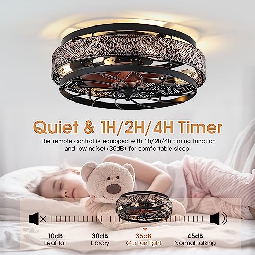 SHIHOT 18" Low Profile Caged Ceiling Fans with Lights and Remote, Flush Mount Ceiling Fan with Light, Bedroom Fan, Small Industrial Black Ceiling Light Fixture, Reversible(Bulbs Not Included) - Image 3