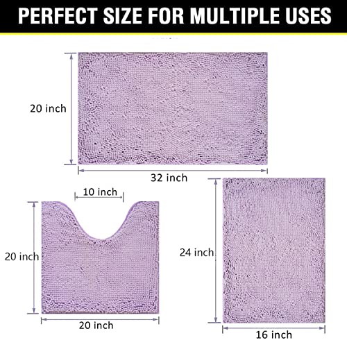 Image of Bathroom Rugs Chenille 3-Piece Extra Soft and Absorbent Shag Bathroom Rugs, Machine Wash Mat, Strong PVC Non-Slip Underside, Plush Carpet Mats, Lavender