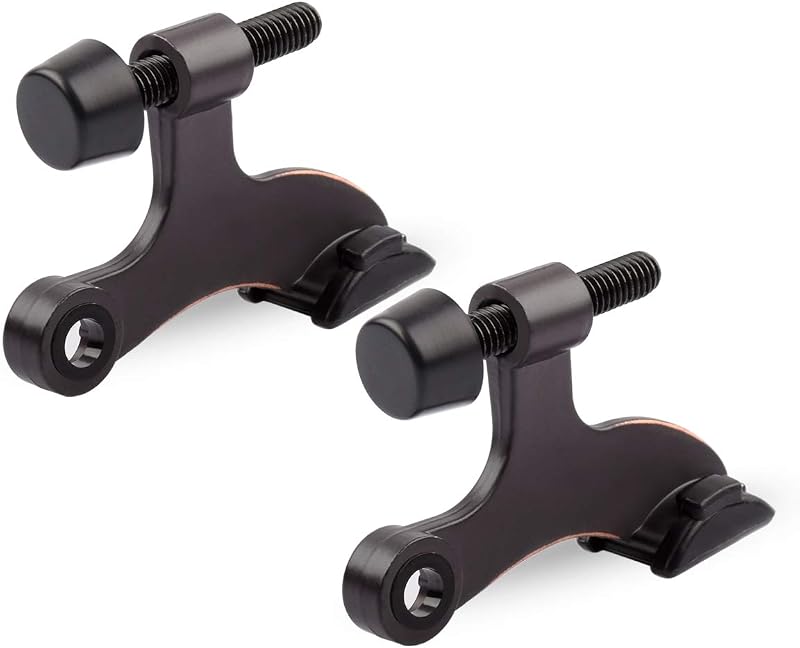HOMOTEK - Juego de 2 topes de puerta de bronce aceitado con pasador de bisagra, tapón de puerta ajustable de lujo resistente de 2-1/2 x 1-3/4 pulgadas, con puntas de parachoques de goma negra