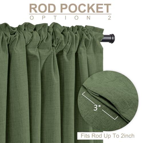 Image of 100% Blackout Shield Olive Green Linen Blackout Curtains for Bedroom 84 Inches Long, Back Tab /Rod Pocket Living Room Drapes, Thermal Insulated Blackout Curtains 2 Panels Set, 50 inch W x 84 inch L