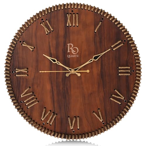 Image of Wooden Round Shape Roman Dial Wall Clock with Brown Jute Detailing & Golden Hands | Silent Quartz Movement, Anti-Glare Finish Analog Vintage Clock for Home & Office (Brown, 15.5 Inch)