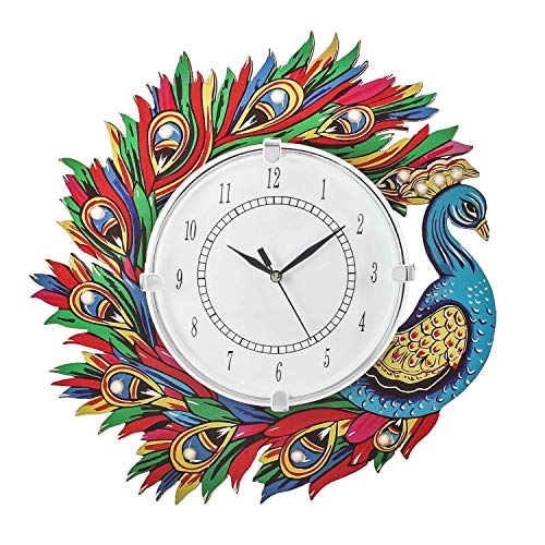 Image of Wooden Peacock Design Wall Clock Round Quartz Analog Decorative Antique Wall Clock for Home Decor