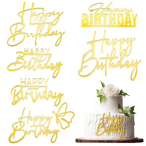 6 Piezas Adornos para Tartas de Happy Birthday Decoracion Tartas Cumpleaños Acrílico Reflectante para Fiestas de Feliz Cumpleaños para Decoraciones de Baby Showers (Dorados)