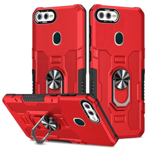 Coque Oppo A7 anti-choc avec anneau rotatif et support rigide rouge protégeant l'arrière du mobile