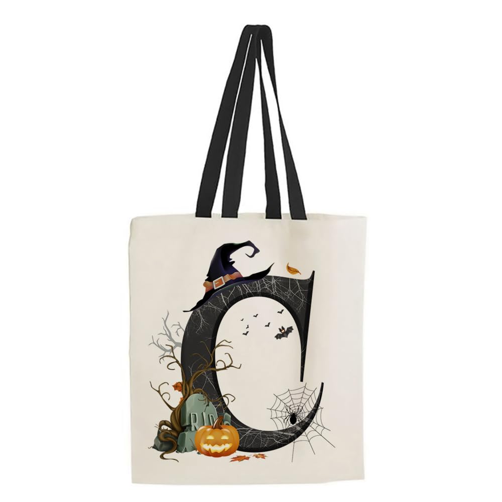 Halloween Bags, Initial Tote Bag, Gifts for Girl, Trick or Treat Bag, Halloween Pumpkin Party, Girl Gift, Reusable Bag, Shopping Bag, Black Handle Tote Bag. (C)