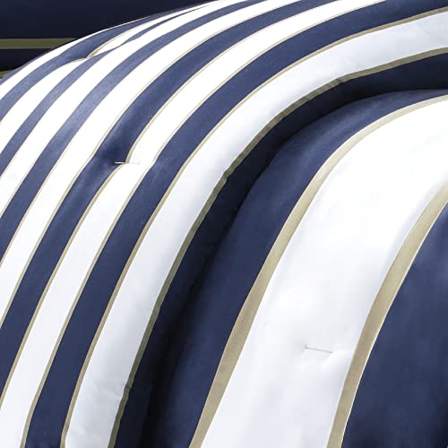 Intelligent Design Ashton Casual Comforter Set, Vibrant Colorblock Design, Modern Bedding Geometric Stripes All Season Cover, Matching Shams, Decorative Pillow, King/Cal King, Khaki/Navy, 4 Piece