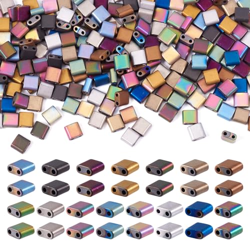 Pandahall 225Pcs 2-Hole Hematite Tila Beads 6mm Flat Square Seed 15 Colors Matte Gemstone Multi-Strand Carrier for Bracelet Necklace Earring Jewelry Making