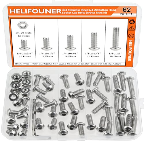 Image of HELIFOUNER 62 Pieces 1 /4-20 x 3 /8 inch 1 /2 inch 5 /8 inch 3 /4 inch 1 inch, Button Head Socket Cap Screws Bolts Nuts Kit, Coarse Thread, Fully Machine Threaded, 304 Stainless Steel