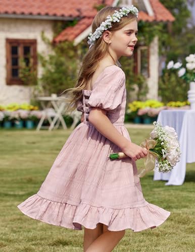 Arshiner Girls Backless Dress Short Sleeve Square Neck Ruffle Hem Elegant Dresses3