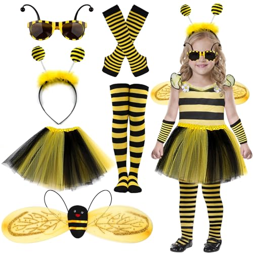 ATOWORLD 6stk Bienenkostüm kinder Mädchen 92-140 mit Haarreif Flügel Rock Ohrringe Handschuhe Brille Biene Bienen Kostüm Kind Mädchen Zubehör Kostüm Biene kinder Karneval Verkleidung 3+