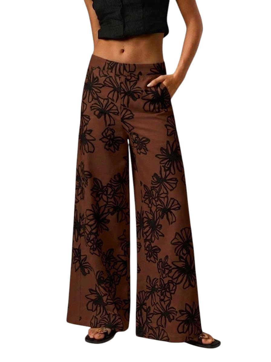 oomph! Women Floral Printed Wide Leg Trousers with Elasticated Waist | Trouser for Ladies | Relaxed Fit Westernwear |Women's Pants | Palazzo Plazo Pant for Womans Loose Fit Baggy Trousers-picture-15