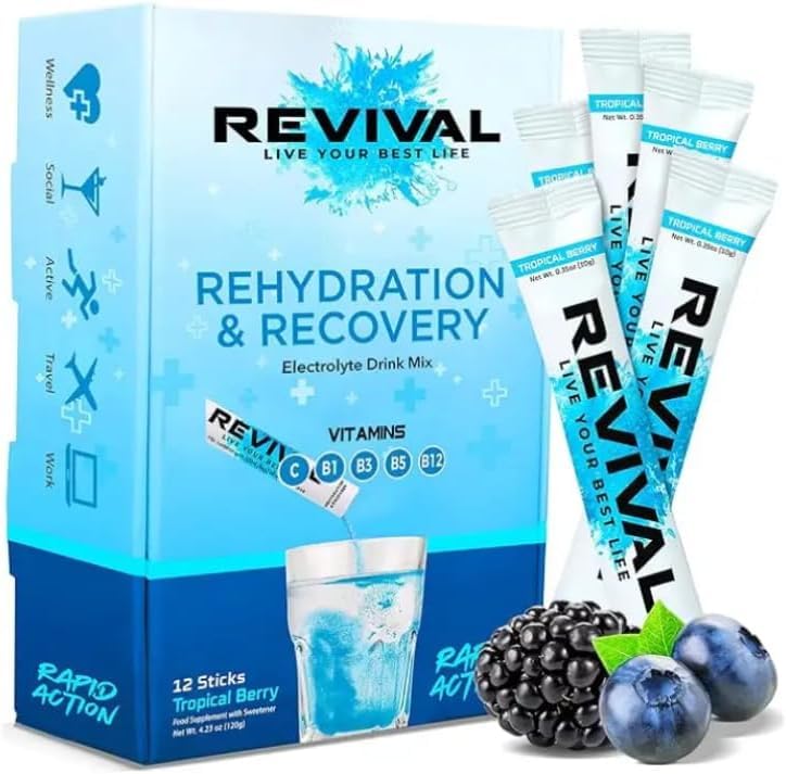 Revival Rapid Rehydration Electrolytes Powder - High Strength Vitamin C, B1, B3, B5, B12 Supplement Sachet Drink, Effervescent Electrolyte Hydration (Tropical & Berry Blast, 12 count (Pack of 1))