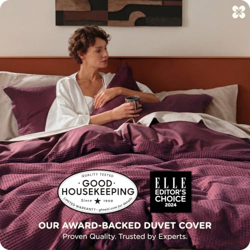 Image of Bedsure Cotton Duvet Cover King - 100% Cotton Waffle Weave Burgundy Duvet Cover King Size, PureWoven Breathable Bedding Set for All Season, 3 Pieces, 104 inchx90 inch