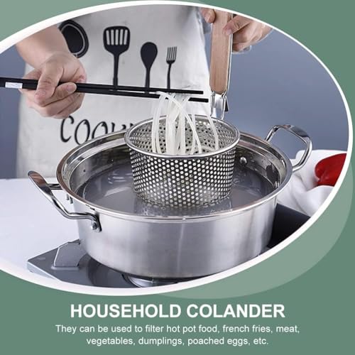 Image of KRESHU Micro-Perforated Mesh Design with Sturdy Wooden Handle | Stainless Steel Pasta and Noodle Strainer Basket | Frying Baskets for Chips | Anti-Corrosion Spider Drainer (35.5x14x14 cm) - Silver