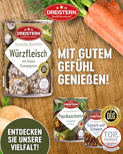 DREISTERN Würzfleisch 400g I Mit Hähnchen- & Schweinefleisch I Herzhaftes Fertiggericht in recyclebarer Konservendose I Lange Haltbarkeit dank natürlicher Konservierung I Hausmacher Qualität