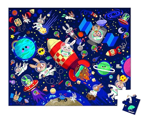 Janod 54 Pieces Children's Jigsaw Puzzle - Rocket Rabbits - Giftable Carrying Case with Fabric Handle - Ages 5-7 Years - J02557 - Image 2