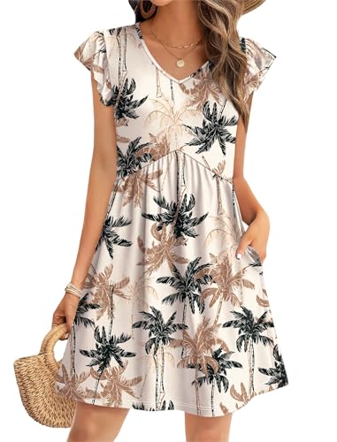 Image of OFEEFAN Summer Dresses for Women Beach Vacation Clothes V Neck Ruffle Sleeve Babydoll Dress Elegant Classy Sundress