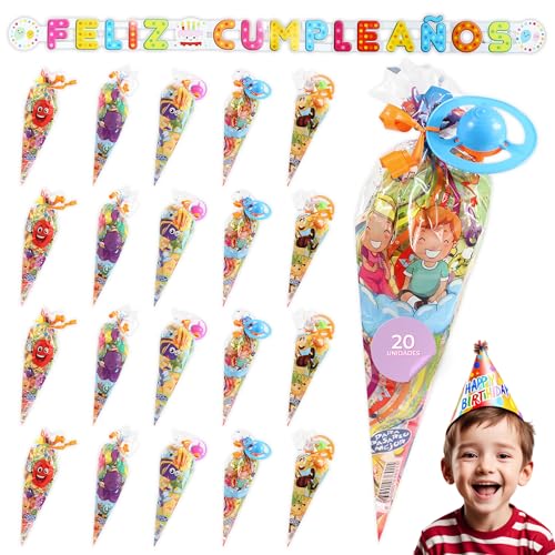 20 Conos Chuches Cumpleaños SIN GLUTEN - Bolsas Chuches Cumpleaños Rellenas - Cucuruchos Chucherías preparados para fiestas Infantiles - Cucuruchos rellenos de golosinas listos para regalar