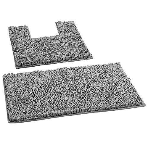 Luxurux Bathroom Rugs Sets 2 Piece, Soft Plush Bath Rug +Squared Cut Out Toilet Mat.1'' Microfiber Shaggy Carpet, Super Absorbent (Curved Set Square, Light Grey) #TOP6