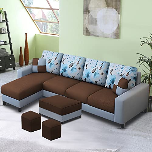 Image of Orland 8 Seater LHS L Shape Sofa with Center Table & 2 Puffy | Color - (Brown Grey Fabric)