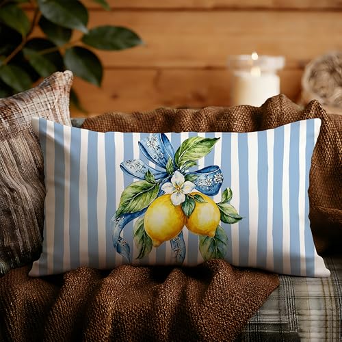 Image of Blue and Yellow Summer Italian Mediterranean Amalfi Coast Lemon Pillow Cover Decor 12x20,Italian Striped Decorative Throw Pillow Cover Decor for Couch Double-Sided