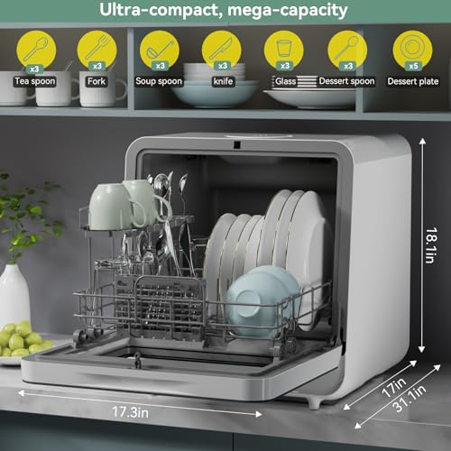 Image of Hermitlux Countertop Dishwasher, Energy Star Portable Dishwashers Mini with 5 Place Settings, 8 Washing Programs & Color Screen, 5-Liter Built-in Water Tank for Apartments & RVs, No Hookup Needed