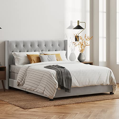 Dg Casa Bardy Upholstered Panel Bed Frame With Diamond Button Tufted And Nailhead Trim Wingback Headboard, Queen Size In Silver Faux Velvet Fabric #TOP2