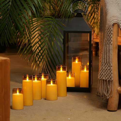 Image of Homemory Amber Flickering Flameless Candles, Battery Operated Acrylic LED Pillar Candles with Remote Control and Timer, Fall Candles, Set of 9