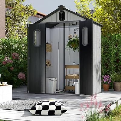 Domi 5×3ft Outdoor Resin Storage Shed - 95+ Cubic Ft Weatherproof Double-Wall Yard Shed with Skylight, Lockable Door and Carpet, Heavy-Duty Steel Frame Storage Building for Lawn Mower, Bike, Tools