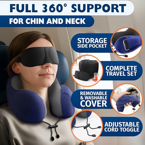 Image of 100% Memory Foam Neck Support Pillow with Adjustable Snap Buttons & Head Support - 4-in-1 Kit with 3D Eye Mask, Earplugs & Washable Cotton Cover - Neck Pillow for Plane Travel, Car, Train & Bus (Blue)