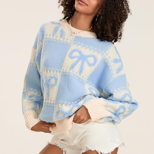 Women Y2K Fall Sweater Cute Bow Print Long Sleeve Cable Knit Pullover Casual Oversized Jumpers for Women3
