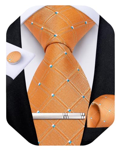 Image of DiBanGu Mens Silk Plaid Tie and Pocket Square Set | Elegant Silk Formal Tie Set, Woven Check Necktie and Cufflinks Tie Clip Set, Perfect for Wedding Party, Comes in Gift Box