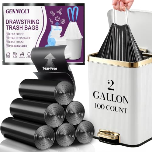 Image of 100 Count Small Drawstring Trash Bags, 2.6 Gallon (10L) Pre-separated Garbage Bags, Extra Thick Leak-proof Mini Wastebasket Liners for Bathroom, Office, Bedroom (Black)
