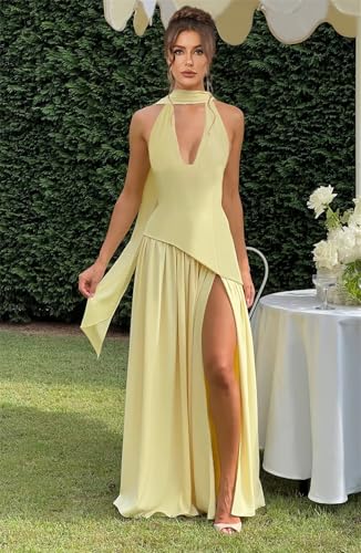 Chiffon Bridesmaid Dresses Halter Long Prom Dress A-Line Ruched Formal Evening Gowns with Slit4