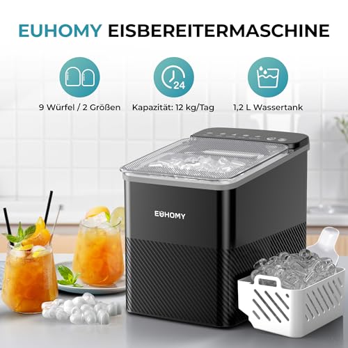 EUHOMY Eiswürfelmaschine, Kompaktes Design, Ein-Knopf-Einstellung, 9 Eiswürfel in 2 Größen, Automatische Reinigung, Intelligente Warnungen, transparenter Deckel, schwarz, für Büro/Küche/Schlafzimme