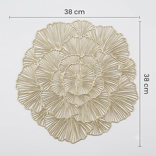 Image of Yellow Weaves 2 Pcs PVC Bloom Petal Design Table Placemat, Dining Table Mat, Anti-Skid, Washable, Dining, Kitchen, Restaurant Table Set Easy to Clean, Durable (Golden)