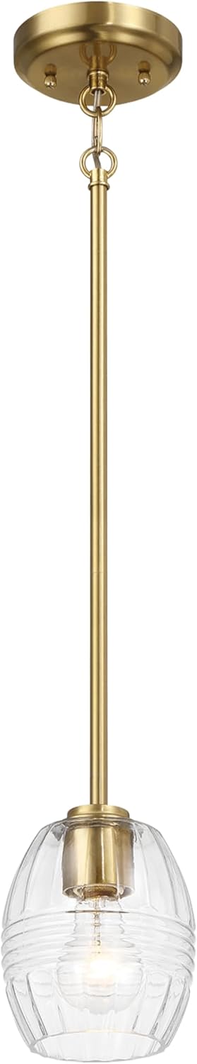 Single Pendant Chain Hanging Light with Clear Glass Satin Brass