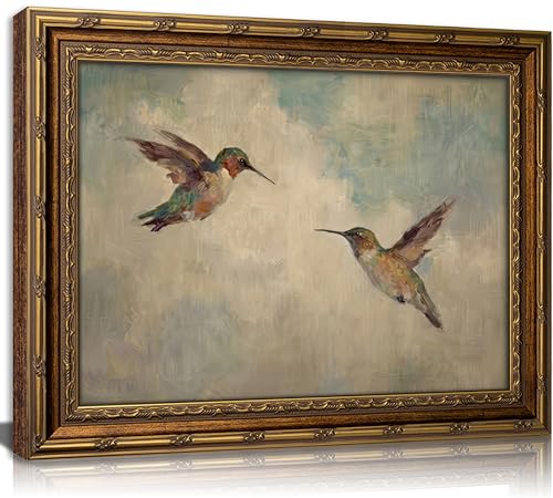 Vintage Gold Framed Wall Art, Two Hummingbirds Oil Painting Print, Soft Neutral Bird Decor for Living Room, Bedroom, Nursery, Ready to Hang