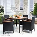 Devoko 5 PCS Furniture, Patio Conversation Set with Acacia Wood Top, Rattan Outdoor Dining Table and Chairs for Backyard, Garden, Deck, Black