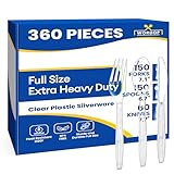360 Count Extra Heavy Duty Plastic Silverware Set – Heat Resistant & BPA Free Disposable Silverware Cutlery 150 Forks, 150 Spoons, 60 Knives – Clear Premium Plastic Utensils for Parties & Events
