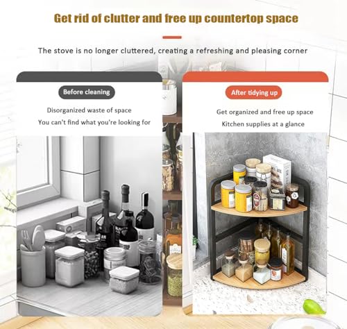 Dreamhousey Estantería de esquina para cocina, estante para especias, accesorios de cocina, estante de especias de madera, triángulo de hierro, organizador de escritorio (2 niveles (L)) - imagen 9