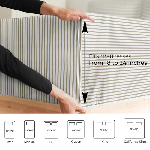 Extra Deep Split King Sheet Set - 7 Piece Breathable & Cooling Sheets - Hotel Luxury Bed Sheets Set - Easy Fit - Soft, Wrinkle Free & Comfy Sheets Set - Beige Striped Sheet Set w/Extra Deep Pockets - 9