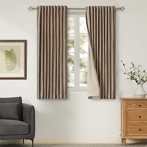 Image of PRIMROSE Blackout Taupe Velvet Curtains, 63 inch Long for Living Room, Set of 2 Panels with Liner Rod Pocket Back Tab, Thermal Room Darkening Heavy Decorative Curtains