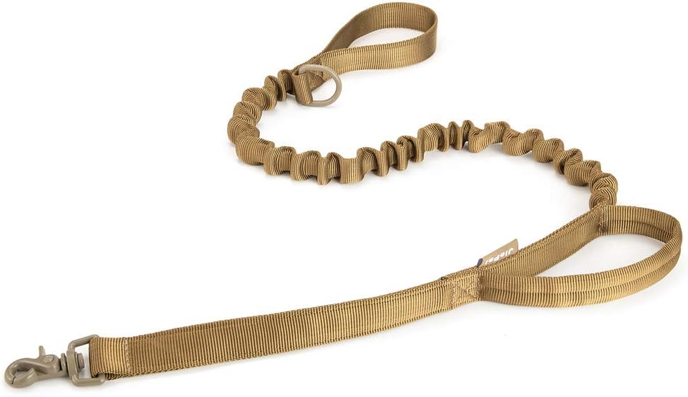 JiePai Tactical Dog Training Bungee Leash Military Dog Leash Quick Release Elastic Leads Rope with 2 Control Handle,4ft for Medium Large Dogs Coyote Brown