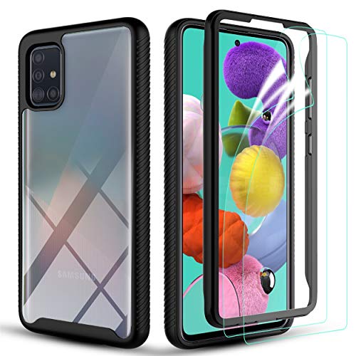 HOKOO Samsung Galaxy A51 Case,Samsung A51 4G Case with Soft HD Screen Protector [2 Pack], Heavy Duty Full-Body Rugged Hybrid Bumper Shockproof Clear Protective Phone Cases Cover for A51-Black